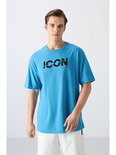 Tommylife Petrol Mavi Pamuklu Kalın Yumuşak Dokulu Oversize Fit Baskılı Erkek Tişört - 88331 - S000157033-20019