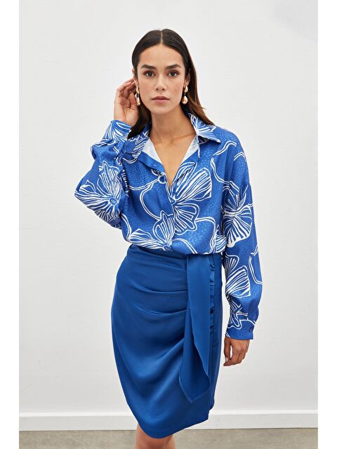 SATEEN Kuşaklı Mini Etek - İndigo - S000324022-23093