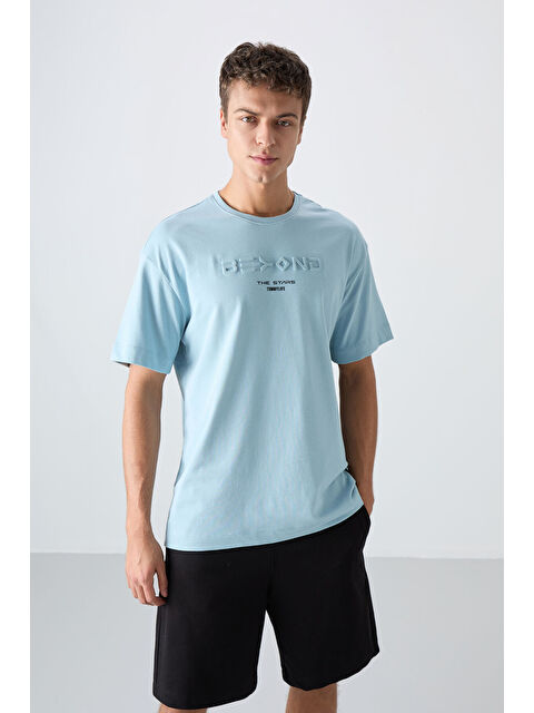 Tommylife Açık Mavi Pamuklu Kalın Yumuşak Dokulu Oversize Fit Baskılı Erkek Tişört - 88328 - S000157084-17437