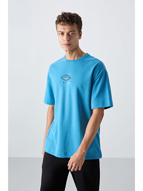 Tommylife Petrol Mavi Pamuklu Kalın Yumuşak Dokulu Oversize Fit Baskılı Erkek Tişört - 88325 - S000157053-20019