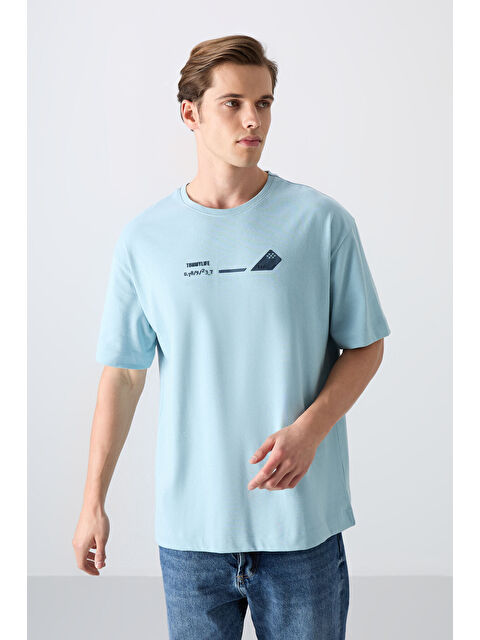 Tommylife Açık Mavi Pamuklu Kalın Yumuşak Dokulu Oversize Fit Baskılı Erkek Tişört - 88330 - S000157032-17437