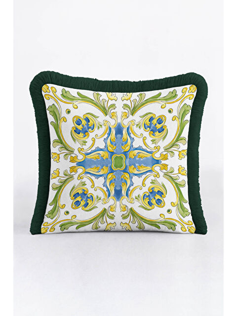 Milbay Grup Barok Saray Stil Saçaklı Yastık Kılıfı - Lüks Akdeniz Klasik Mavi Altın Renk Püsküllü Kırlent Kılıfı