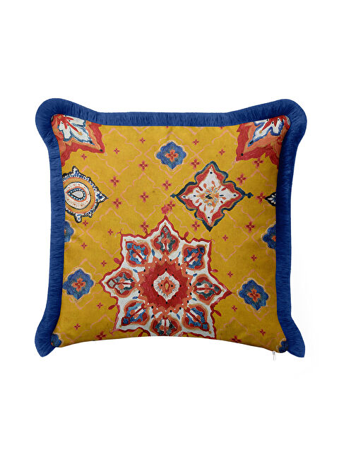 Milbay Grup Oriental Mandala Motif Saçaklı Yastık Kılıfı - Etnik Sarı Lacivert Püsküllü Kırlent Kılıfı