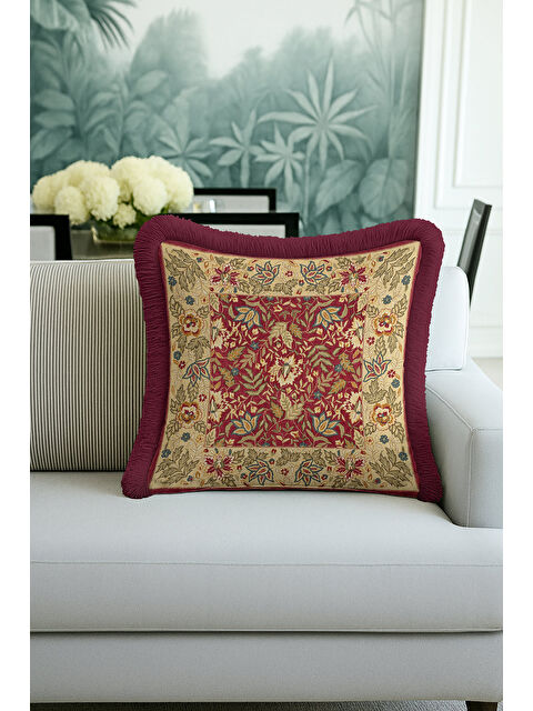 Milbay Grup Barok Saçaklı Yastık Kılıfı - Klasik Vintage Rustik Kırmızı Altın Püsküllü Kırlent Kılıfı