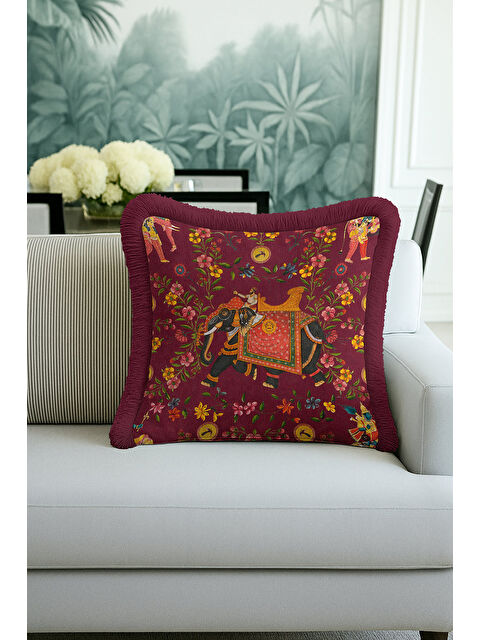 Milbay Grup Saray Esintili Saçaklı Yastık Kılıfı - Hint Motifli Bohem Bordo Altın Renkli Püsküllü Kırlent Kılıfı