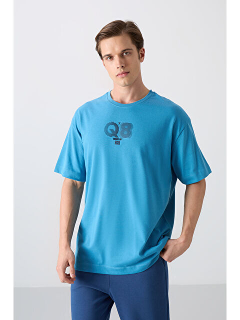 Tommylife Petrol Mavi Pamuklu Kalın Yumuşak Dokulu Oversize Fit Baskılı Erkek Tişört - 88333 - S000157035-20019