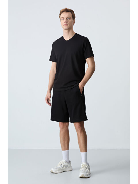 Tommylife Siyah Pamuklu Kalın Yumuşak Dokulu Standart  Fit Basic Erkek Şort  - 81276 - S000232132-19351