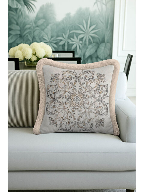 Milbay Grup Barok Şıklık Saçaklı Yastık Kılıfı - Klasik Rustik Bej Altın Renkli Püsküllü Kırlent Kılıfı