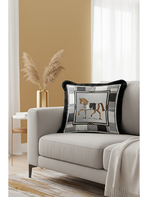 Milbay Grup Lüks At Figürlü Saçaklı Yastık Kılıfı - Klasik Equestrian Temalı Siyah Gri Püsküllü Kırlent Kılıfı