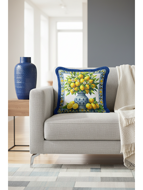 Milbay Grup Mediterranean Bahar Saçaklı Yastık Kılıfı - Limon Çiçeği Country Mavi Sarı Püsküllü Kırlent Kılıfı