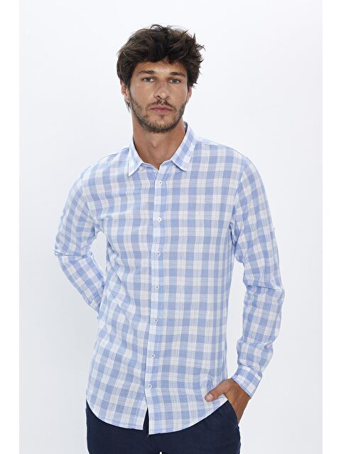 TUDORS Erkek Slim Fit Dar Kesim Uzun Kollu %100 Pamuk Keten Doku Kareli Gömlek