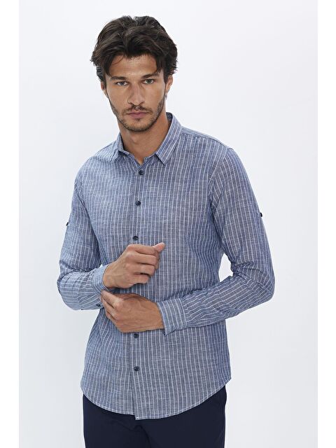 TUDORS Erkek Slim Fit Dar Kesim Uzun Kollu %100 Pamuk Keten Doku Çizgili Gömlek