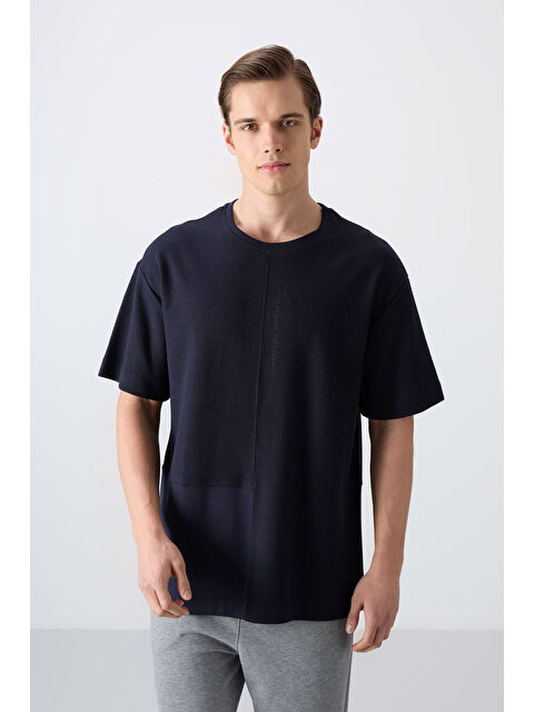 Tommylife Lacivert Pamuklu Kalın Yüzeyi Dokulu Oversize Fit Basic Erkek Tişört - 88337 - S000157074-21164