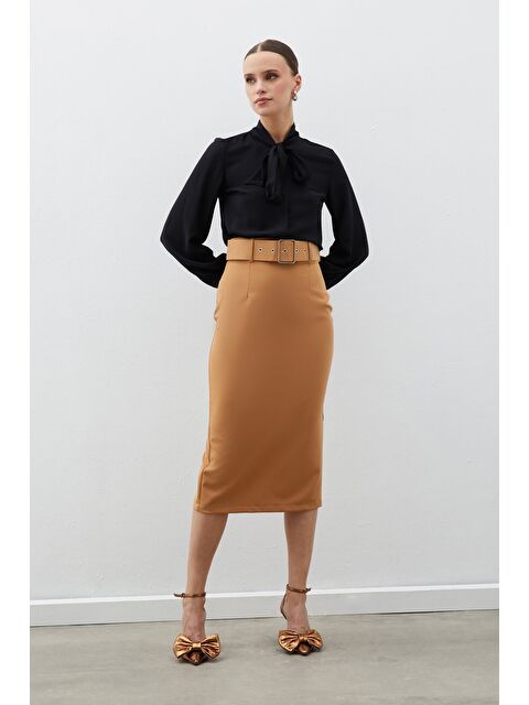 SATEEN Kemerli Kalem Etek - Camel - S000324043-4557