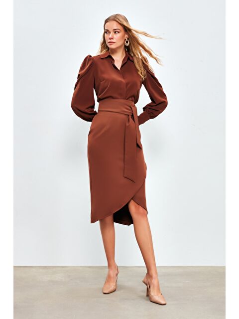 SATEEN Kuşaklı Kalem Etek - Kahve - S000324047-19413