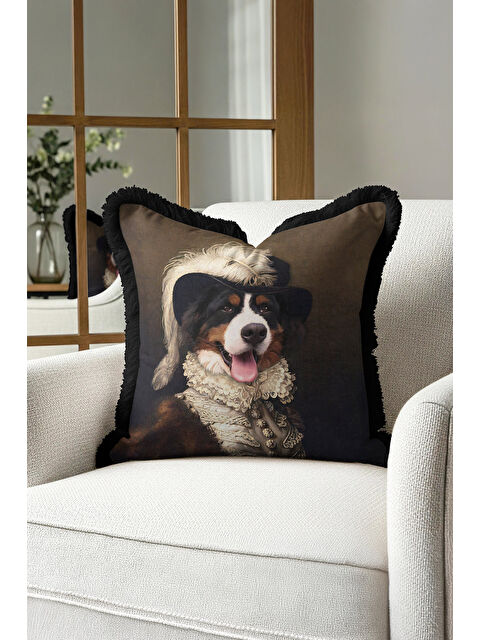 Milbay Grup Saray Stili Saçaklı Yastık Kılıfı - Retro Portre Kahverengi Siyah Püsküllü Kırlent Kılıfı