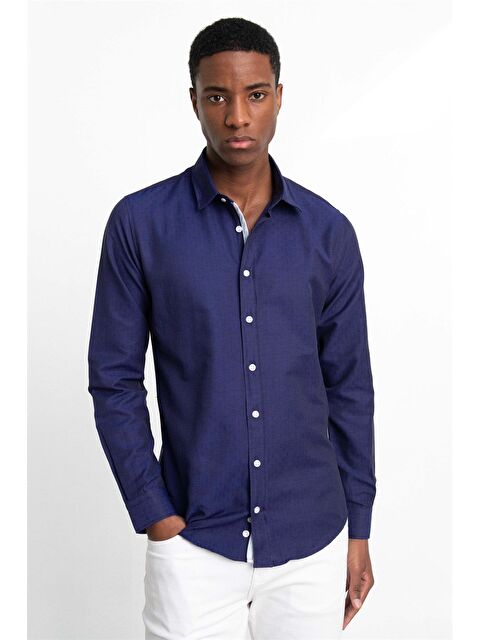 TUDORS Slim Fit Uzun Kollu Oxford Doku Armürlü Biyeli Erkek Lacivert Gömlek - S000024017-21164