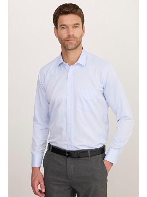 TUDORS Erkek Regular Fit Klasik Kesim Pamuklu Kolay Ütü Armürlü Mavi Gömlek - S000243701-17234