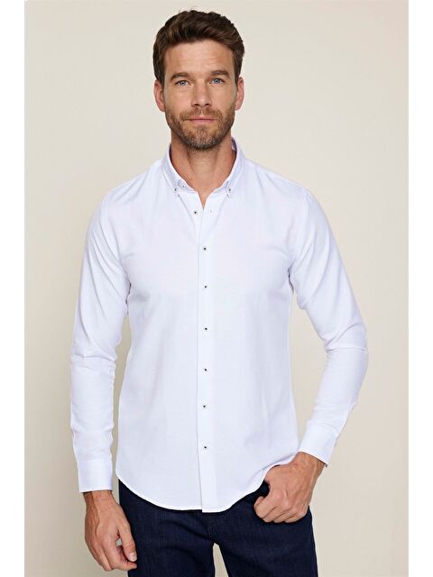 TUDORS Slim Fit Uzun Kollu Düğmeli Yaka Pamuklu Kolay Ütü Düz Erkek Gömlek - S000024081-20063