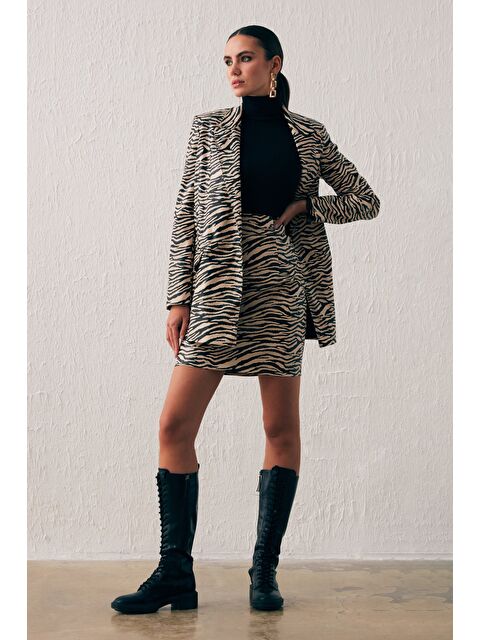 SATEEN Desenli Deri Mini Etek - Bej - S000324257-19928