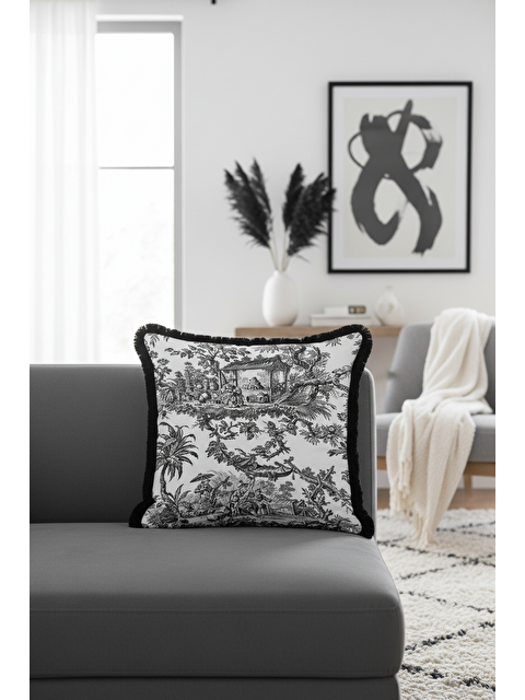 Milbay Grup Toile Illustration Saçaklı Yastık Kılıfı - Fransız Vintage Country Siyah Püsküllü Kırlent Kılıfı