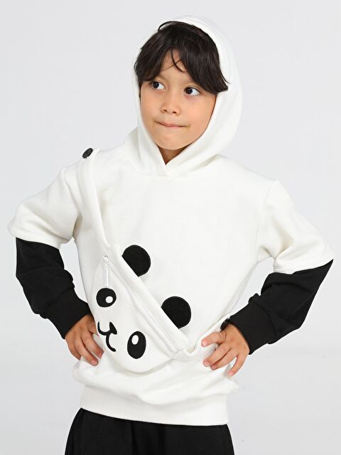 Casabony Panda Unisex Mobil Çantalı Krem Sweatshirt - S000072958-19966