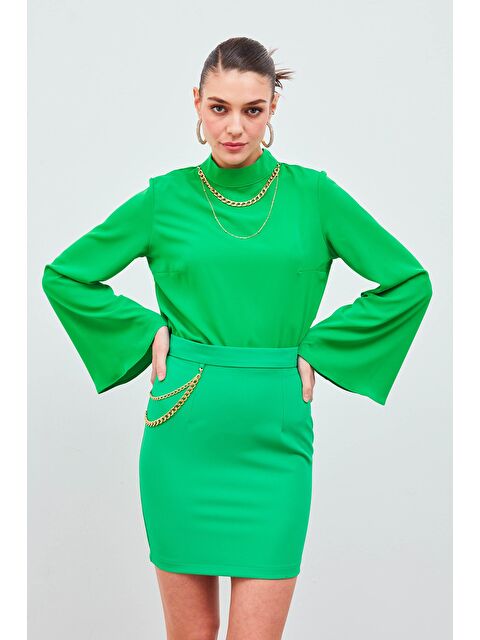 SATEEN Zincir Aksesuarlı Mini Etek - Yeşil - S000324052-18194