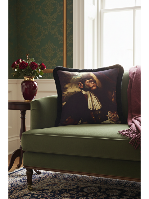 Milbay Grup Barok Portre Saçaklı Yastık Kılıfı - Viktoryen Bohem Koyu Kahverengi Siyah Püsküllü Kırlent Kılıfı