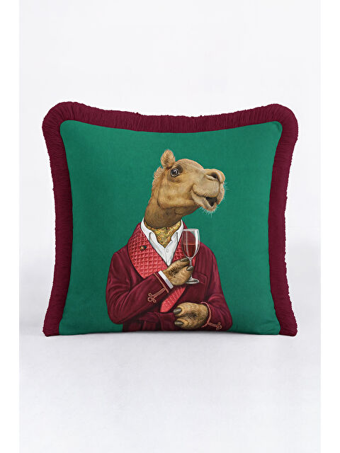 Milbay Grup Lüks Vintage Saçaklı Yastık Kılıfı - Davetli Hayvan Temalı Yeşil Bordo Püsküllü Kırlent Kılıfı