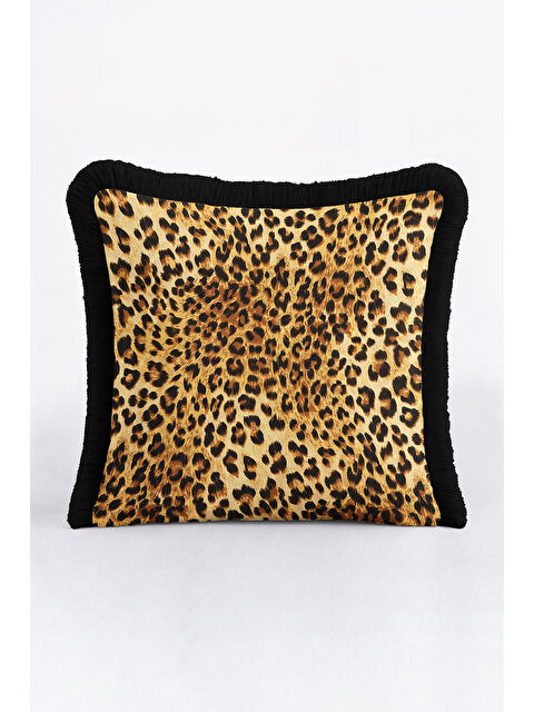 Milbay Grup Lüks Leopar Saçaklı Yastık Kılıfı - Vahşi Doğal Bohem Siyah Kenar Püsküllü Kırlent Kılıfı