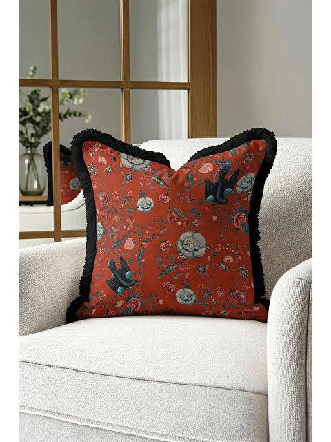 Milbay Grup Lüks Çiçekli Kuşlu Saçaklı Yastık Kılıfı - Vintage Bohem Kiremit Siyah Püsküllü Kırlent Kılıfı