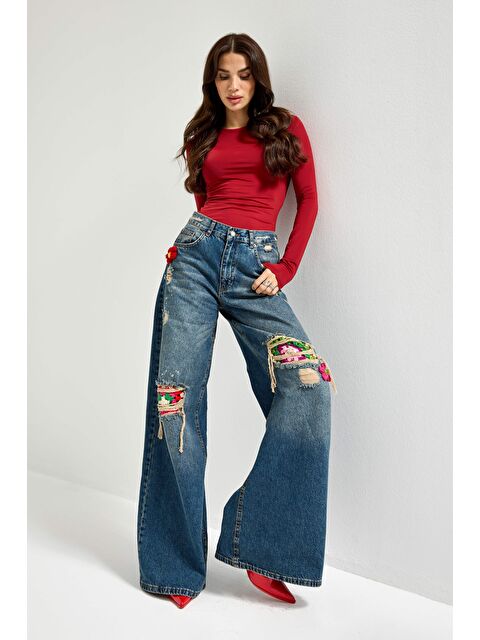 It's Basic Kadın Jean Rengi Etnik Desenli Palazzo Fit Tasarım Denim - S000297069-17234