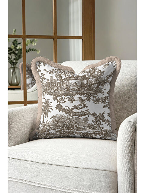 Milbay Grup Fransız Country Saçaklı Yastık Kılıfı - Vintage Rustik Bej Kahverengi Püsküllü Kırlent Kılıfı