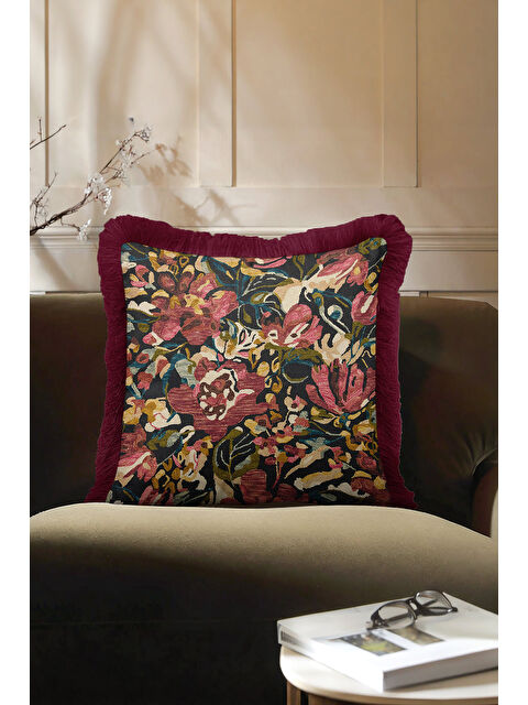 Milbay Grup Zengin Çiçek Bahçesi Saçaklı Yastık Kılıfı - Kadife Klasik Bohem Bordo Püsküllü Kırlent Kılıfı