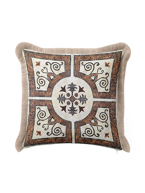 Milbay Grup Mozaik Motifli Saçaklı Yastık Kılıfı - Klasik Akdeniz Rustik Kahverengi Püsküllü Kırlent Kılıfı