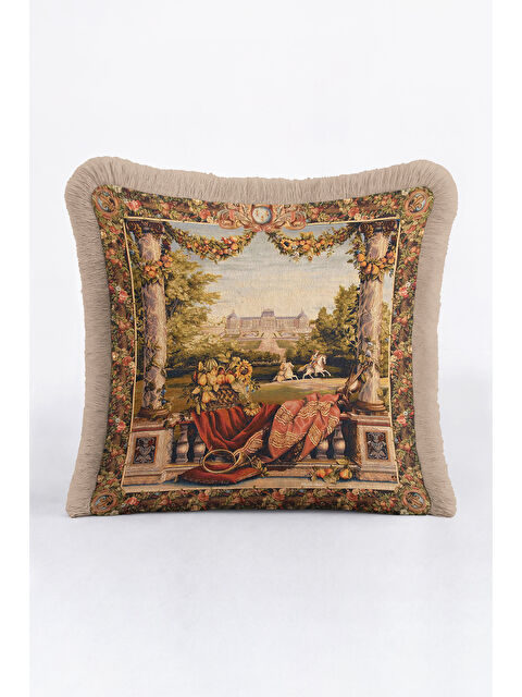 Milbay Grup Fransız Saray Bahçesi Saçaklı Yastık Kılıfı - Klasik Lüks Rustik Bej Renkli Püsküllü Kırlent Kılıfı