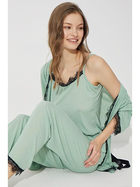 Siyah İnci Yeşil 3'Lü Soft Touch İnce Örme Sabahlık Takım - S000216979-18194