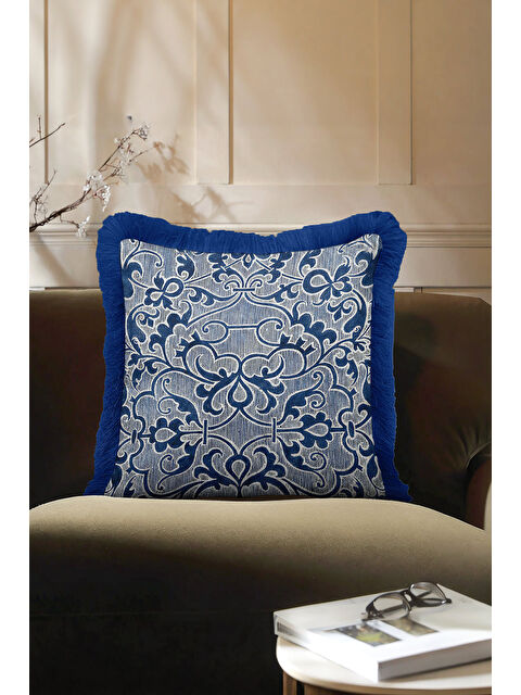 Milbay Grup Barok Lüks Saçaklı Yastık Kılıfı - Klasik Modern Lacivert Püsküllü Kırlent Kılıfı