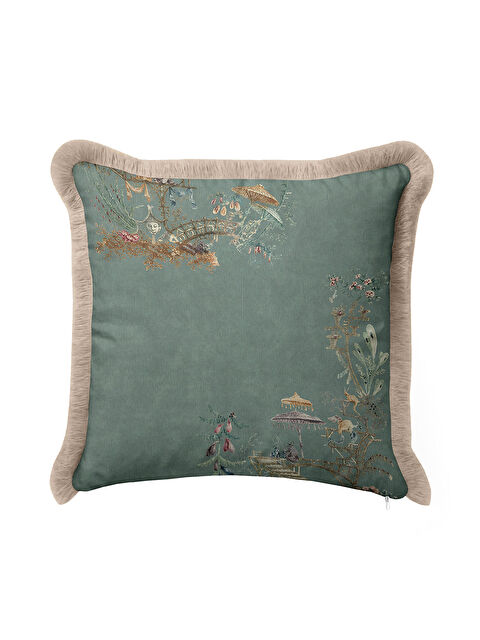 Milbay Grup Motifli Saçaklı Yastık Kılıfı - Pastel Yeşil Doğu Esintisi Etnik Altın Renk Püsküllü Kırlent Kılıfı