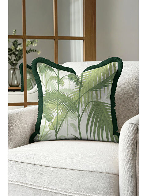 Milbay Grup Tropikal Yaprak Motifli Saçaklı Yastık Kılıfı - Doğal Botanik Modern Yeşil Püsküllü Kırlent Kılıfı