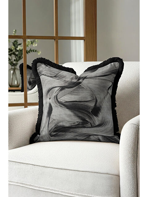 Milbay Grup Lüks Fırça Dokulu Saçaklı Yastık Kılıfı - Soyut Modern Gri Siyah Püsküllü Kırlent Kılıfı