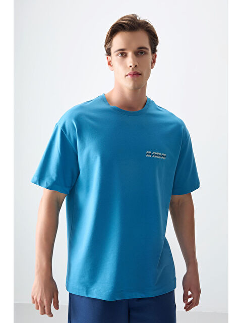 Air Jones Petrol Mavi Pamuklu Kalın Yumuşak Dokulu Oversize Fit Baskılı Erkek Tişört - 88375 - S000160615-20019