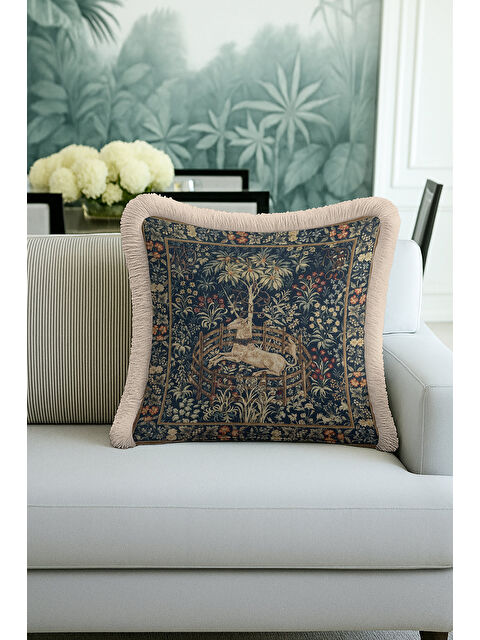 Milbay Grup Kraliyet Esintili Saçaklı Yastık Kılıfı - Vintage Rustik Lacivert Altın Renk Püsküllü Kırlent Kılıfı