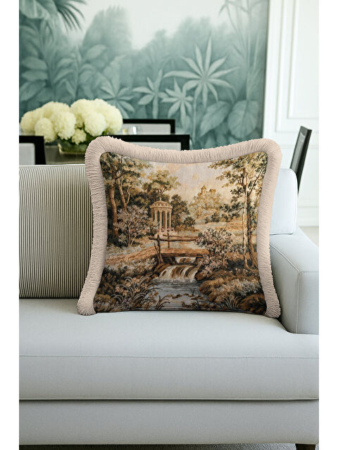 Milbay Grup Avangard Saray Manzaralı Saçaklı Yastık Kılıfı - Vintage Klasik Rustik Bej Püsküllü Kırlent Kılıfı