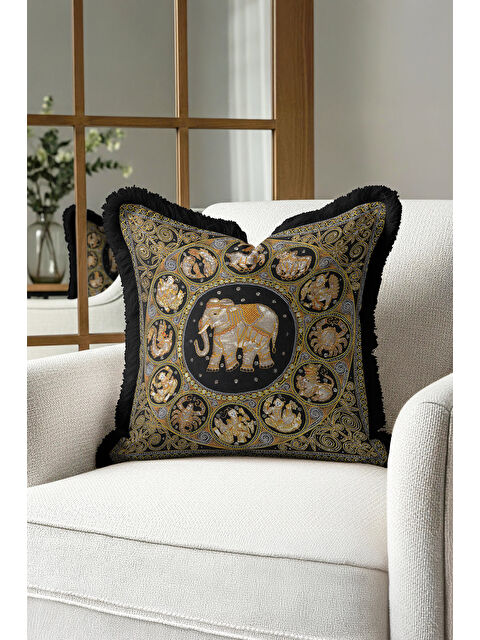 Milbay Grup Hint Dokulu Lüks Saçaklı Yastık Kılıfı - Doğu Motifli Bohem Siyah Altın Renk Püsküllü Kırlent Kılıfı