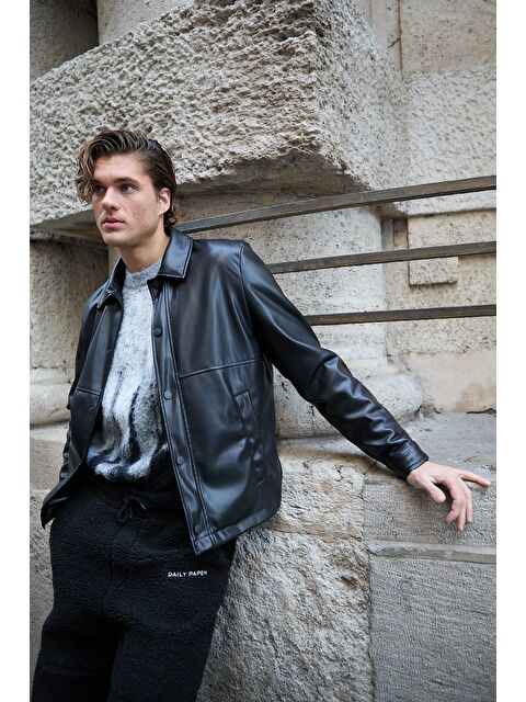 Danger Erkek Gömlek Yaka Deri Siyah Ceket - S000345551-19351
