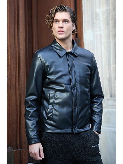 Danger Erkek Gömlek Yaka Deri Siyah Ceket - S000345551-19351
