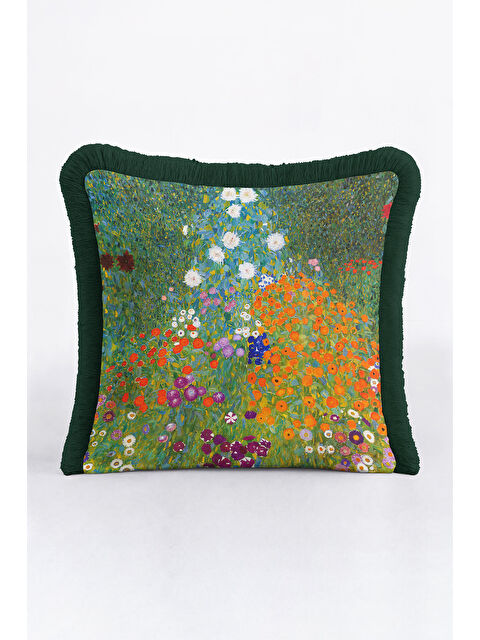 Milbay Grup Canlı Çiçek Bahçesi Saçaklı Yastık Kılıfı - Renkli Modern Yeşil Püsküllü Kırlent Kılıfı