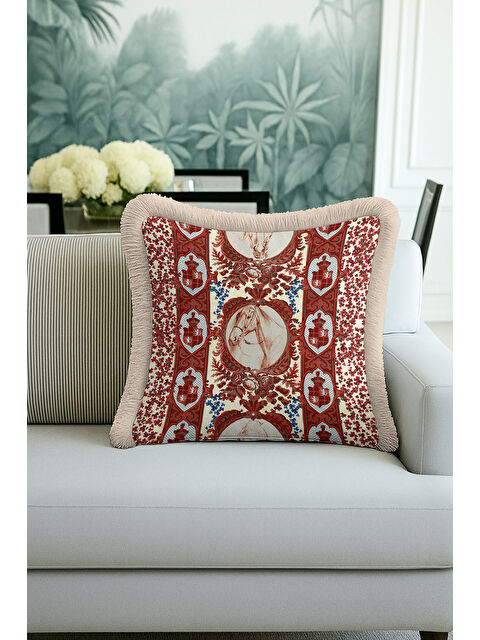Milbay Grup Barok At Figürlü Saçaklı Yastık Kılıfı - Şahane Etnik Klasik Krem Kırmızı Püsküllü Kırlent Kılıfı