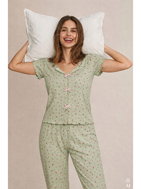 Koza İç Giyim Kadın Kısa Kollu Fiyonklu Fitilli Pijama Takımı - S000405357-18194